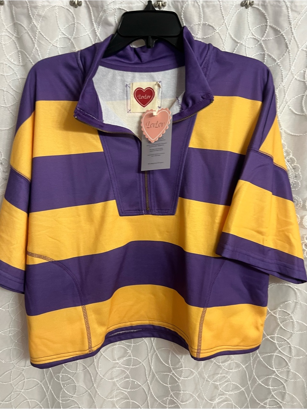 Ladies Purple & Yellow Stripe Half-Zip Top with matching shorts by LOVLOV Size M